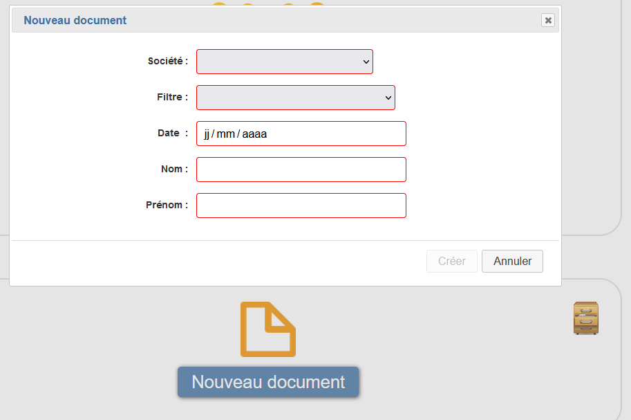 Example of fields for the New Document form in the portal